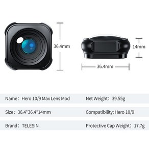 텔레신 렌즈 모드 액션 카메라 블랙 액세서리 GoPto호환11 10 9 맥스 초광각 최대 155 도 보호 커버 2 개 포함, gopo11 10 9 최대, 1.Fo GoPo11 10 9 Max, 1개