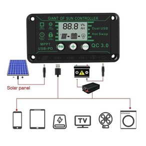 MPPT 태양광 충전 컨트롤러 패널 12v24V36V48V 차징 태양전지 태양광충전, 40A, 1개