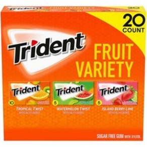 Tident Fuit Vaiety Gum 트라이덴트 무설탕 껌 (트로피칼-10/ 수박-5/아일랜드 베리라임-5 총과일 3종 [14개스틱팩 20개 1박스], 1개