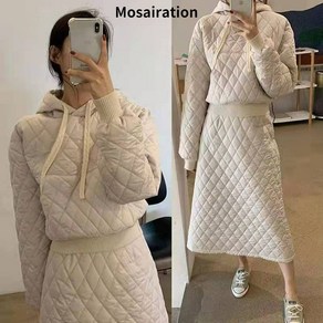 Mosairation모던 가을 겨울 후드 패딩 스커트 세트 날씬해 보이는 A라인 면 스커트와 두꺼운 패딩 투피스