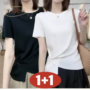 오스틱니 87.5kg까지 [1+1] 특가상품 날씬해보이는 심플 라운드넥 시원한 반팔 티 여름 여성 편한 무지 루즈핏 얇은 박스티 캐주얼 티셔츠 (2종세트)