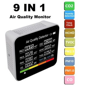 이산화탄소측정기 온도 및 습도 측정 이산화탄소 감지기 9 in 1 대기질 모니터 CO2 계량기 CO TVOC HCHO PM25 PM10 White, 1개