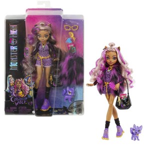 Monster High Clawdeen 늑대 패션 인형 보라색 줄무늬 머리카락 시그니처 룩 액세서리 및 애완견 미디엄