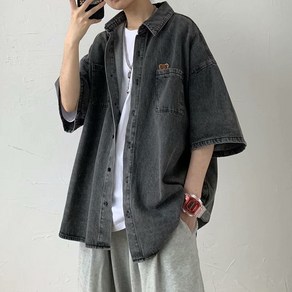 AOKADA 청반팔셔츠 남자 데님 셔츠 카라 오버핏 여름 남방