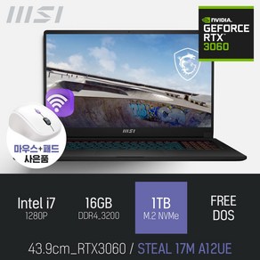 MSI Stealth 17M A12UE [블루투스마우스 / 패드 증정], Fee DOS, 16GB, 1TB, 코어i7, 블랙