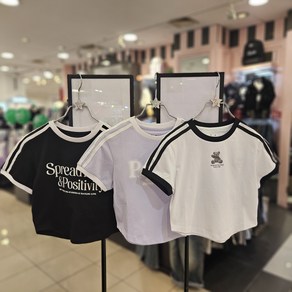 더데이걸 [동아백화점 수성점] SS시즌 여름 여아 아동 주니어 둥근 라인핏 라운드넥 귀여운 곰돌이 레터 프린팅 데일리 소매 두줄 크롭 반팔 티셔츠 TGRP25303-01
