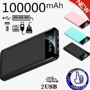 2022 브랜드의 새로운 100000mAh 전원 은행 휴대 전화 백업 배터리 휴대용 전원 은행 LED 조명 보조 배터리 2USB 전원 은행 대용량 보조 배터리, 블랙