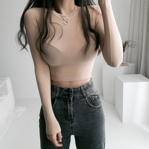 레이디스룸 국산 찰랑 시스루 라운드넥 크롭 긴팔 티셔츠