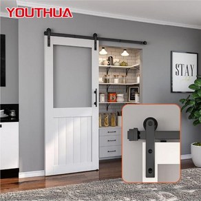 주택대문 슬라이딩도어 중문 YOUTHUA 헛간 하드웨어 키트 단일 트랙 롤러 시스템 블랙 스틸 레일 행거 슬라이드 헤비 듀티, CHINA, 1개