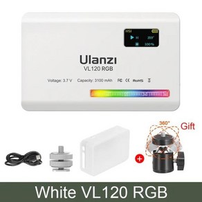 스탠드 조명 울란지 VL120 RGB LED 비디오 라이트 카메라 풀 컬러 충전식 3100mAh 디 밍이 가능한 2500-900, 03 White VL120RGB, 1개