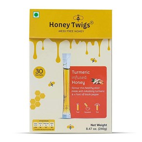 Honey Twigs Honey Sticks - 강황 주입 꿀  1인용 꿀 빨대 30개 - 팩당 240g(8온스) (스틱 당 8g)  녹차 따뜻한 우유에 완벽한 추가  10, 튜메릭, 1개, 240g