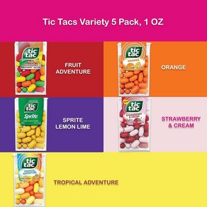 Snackivoe의 Tic Tacs 5가지 과일 맛 버라이어티 팩 - 오렌지 틱택 어드벤처 베리 딸기 및 크림 틱 택 트로피컬 포함., 1개, 28.3g