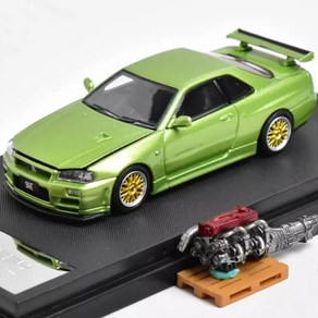 Coolart 1:64 닛산 스카이라인 GT-R (R34) - 그린 (엔진모형 포함 / 후드 오픈)