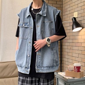 페이준 남자 데님 조끼 래글런 멋스러운 데님 민소매 코트 빅 포켓 러플 칼라 코트 BK3810