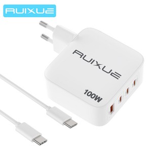 RUIXUE C 타입 고속 충전기 4포트 100W GaN 초고속충전기 호환 삼성 S24 S23 A15 SAMSUNG 노트북 Tab 아이폰16 15 아이패드 1m C to C 케이블, 1개, 100W 화이트