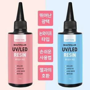 뷰티풀러 레진 100g 하드 소프트 UV&LED 레진공예 실리콘 몰드 고광택 레진아트 네일스케치 네일몰드 파츠몰드 25g, UV-LED소프트타입/25ml, 1개