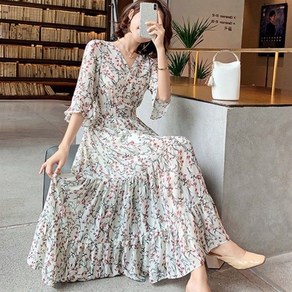 COSYEVNO 여름 여성 롱 원피스 플라워 브이넥 7부 슬림핏