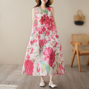 COSYEVNO 여름 여성 롱 원피스 면 민소매 프린트 오버핏