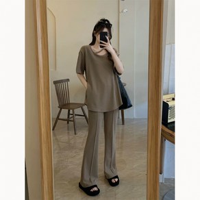 해피유통 여성 투피스세트 아이스 빅사이즈. 반팔티+와이드 플레어 바지 투피스 jhwj