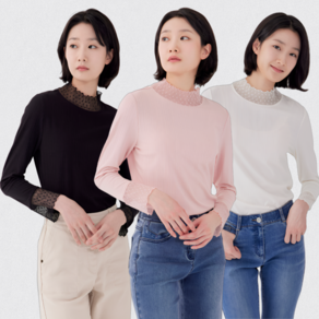 [지센창원]여성 골지 레이스패치 스판 티셔츠 LFTSP101