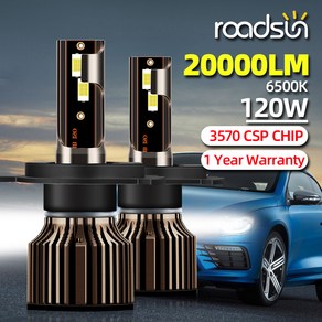 9006 H9 LED H7 9005 안개등 자동차 빔 20000LM 120W Roadsun HB4 6500K 라이트 칩 HB3 CSP 로우 하이트 H11 H8 H4 조명 H1 차량, 1개