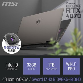 MSI 소드 17 HX B13VGKG-i9 QHD [게이밍마우스 & 패드 증정], WIN11 Po, 32GB, 1TB, 블랙