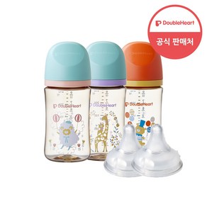 더블하트 모유실감 3세대 PPSU 디어프렌즈 트리플팩 240ml+젖꼭지(2입), 3세대 젖꼭지M, 1개, 트리플팩 (서커스베어&블루밍가든&하늘을날꼬양)