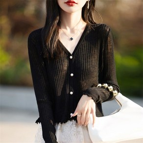 besteffie 여성 여름 얇은 가디건 긴팔 브이넥 진주 버튼 심플 스타일 골지 시스루 니트 가디건 K83