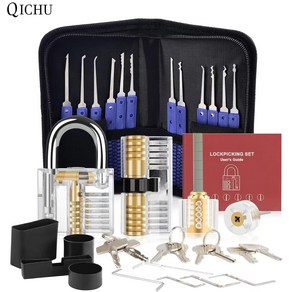 QICHU 락픽 세트 (LOCK PICK)열쇠 수리공 전문가용 자물쇠 열쇠 따는 도구 33개와 투명 잠물쇠 락픽 연습용 세트 자물쇠 열기 킷트, 1세트