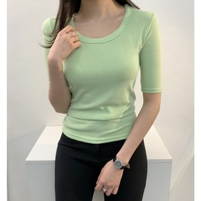 1+1 둥근 U넥 쫀득 스판 5부 반팔티 6colo