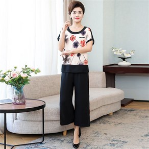 besteffie 여성 중년용 봄 여름 캐주얼 세트 꽃무늬 디자인 반팔티 와이드 9부 팬츠 편안한 면 소재 데일리웨어 K19