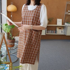 방가지똥 단추없는 오렌지체크 앞치마, 1개