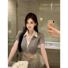 베이비블루 반팔 레이어드 크롭 셔츠 가디건