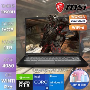 MSI 노트북 Ceato M16 B13VF-i9 WIN11 고성능 업무용 노트북, WIN11 Po, 16GB, 1TB, 코어i9, 블랙