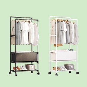 이동식 더블 행거 조립식 무타공 미니 옷장 수납장 2단 2colo, 화이트