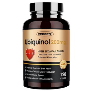 ZEBORA Ubiquinol CoQ10 200mg 소프트젤 심장 및 혈관 건강을 위한 4-in-1 강력한 항산화 물질 에너지 생산에 필수적 CoQ10의 최대 흡수 활성, ZEBORA Ubiquinol CoQ10 200mg 소, 1개, 120정