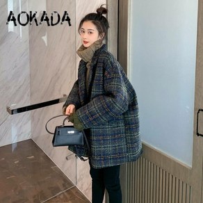 AOKADA 여자 체크 정장 코트 루즈핏 하프 기장 자켓 연말룩 울코트