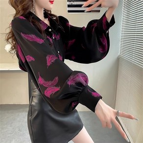 besteffie 여성용 봄 가을 넉넉한 루즈핏 긴소매 패턴 프린트 블라우스 셔츠티 캐주얼 데일리웨어 K19