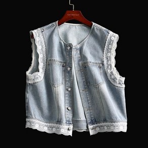 여성용 데님 조끼 라운드 레이스 패치 민소매 조끼 Women's Vest