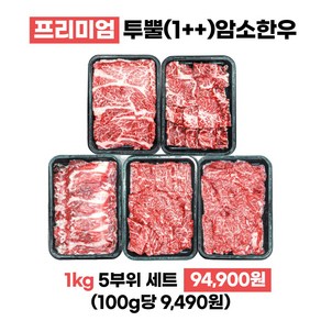 투뿔 1++ 한우세트 구이용 1kg 프리미엄 미경산 암소한우 꽃등심 채끝살 차돌박이 특수부위 2종 각 200g, 1개