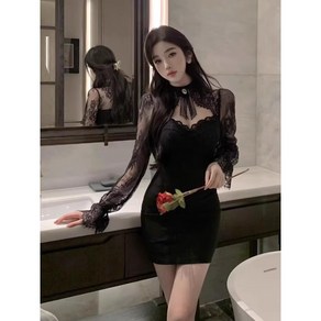 히또리 X3363 플라워 레이스 시스루 슬림핏 미니 원피스