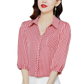 여자 여름 스트라이프 셔츠 브이넥 칠부 Women Shirts A01 하늘비즈 J815A804