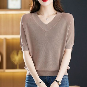 빅사이즈 M~5XL 여성 여름 아이스 쿨 심플 무지 브이넥 반팔 티셔츠 냉감 시원한 반팔 니트티