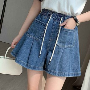 여성용 데일리 빅사이즈 와이드 하이웨스트 데님 핫팬츠 허리밴딩 청반바지
