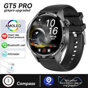 화웨이 GT5 프로 GPS NFC 스마트워치 남성용 360*360 AMOLED 스크린 나침반 블루투스 통화 스포츠 피트니스, 없음, 없음, 1) Black - Bluetooth call