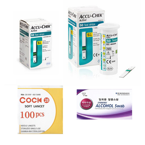 로슈 아큐첵 액티브 Accu-Chek Active 혈당시험지 혈당측정검사지 혈당측정시험지 당뇨검사지 패키지(시험지100매+호환침100개+알콜솜100매) SW, 1개