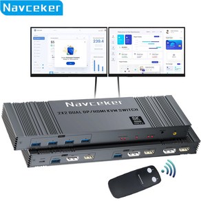 Navceker HDMI DP KVM 스위치 2 대 컴퓨터용 2 인 2 아웃 2x2 4K 144Hz 듀얼 모니터 확장 디스플레이 8K USB KVM 스위처(배터리 없음)