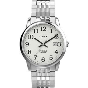 Timex Easy Reade 남성용 35mm 확장 밴드 시계 완벽한 핏 TW2V05400 실버톤/화이트 팔찌 실버톤/화이트. 팔찌