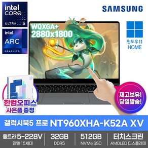 삼성 갤럭시북5 프로 NT960XHA-K52A XV AI 노트북 윈도우11 32GB램 SSD512GB 코어울트라5-228V 터치스크린, WIN11 Home, 32GB, 512GB, 그레이