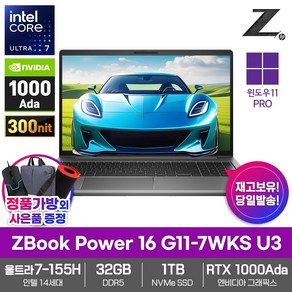 HP 모바일 워크스테이션 노트북 ZBook Powe 16 G11-7WKS U3 32GB램 SSD1TB RTX1000Ada 울트라7-155H AI, WIN11 Po, 32GB, 1TB, 실버